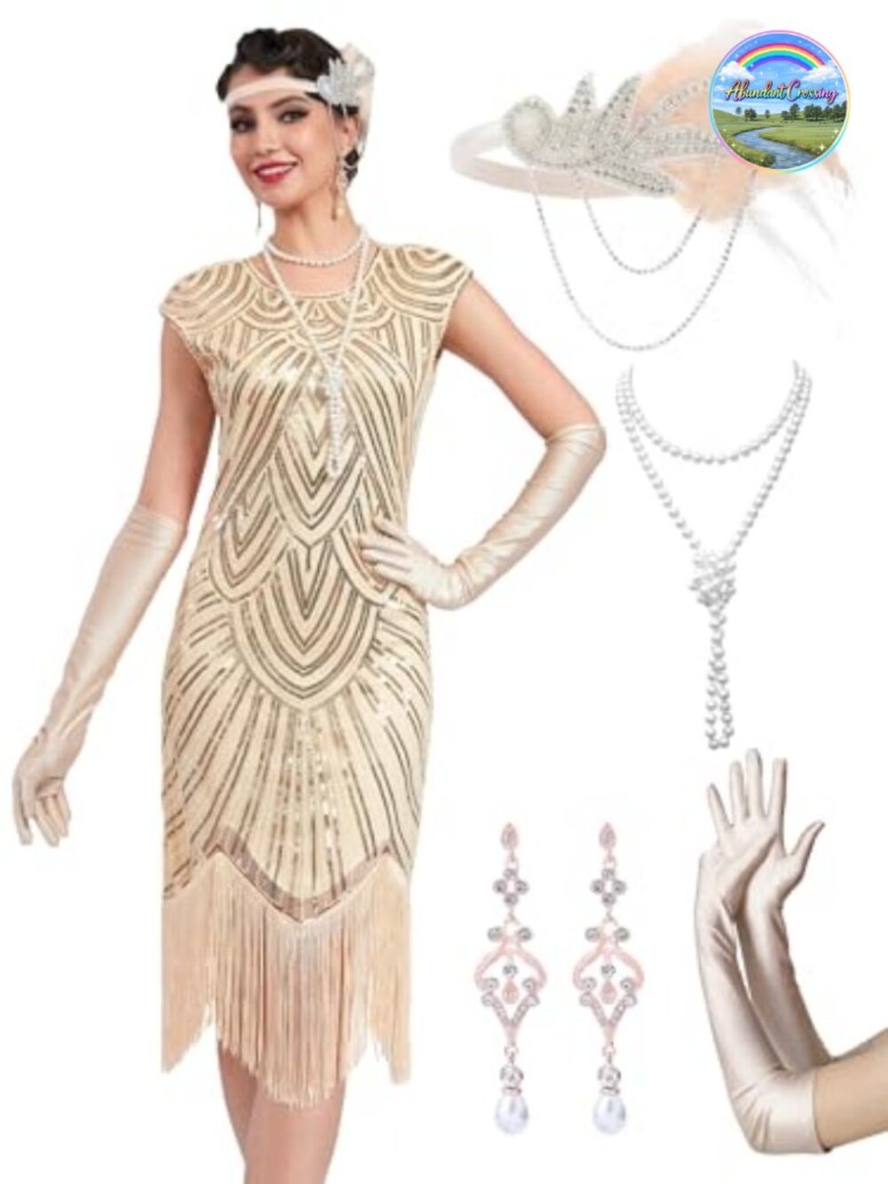 1920s Flapper Sequin Fringed Dress with Accessories Set